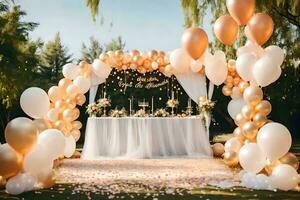a wedding arch with gold balloons and white flowers. AI-Generated photo