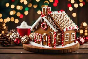 un pan de jengibre casa es decorado con caramelo bastones y Navidad luces. generado por ai foto