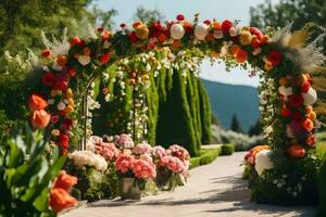 a flower archway in the garden. AI-Generated photo