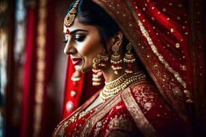 a beautiful bride in red and gold. AI-Generated photo