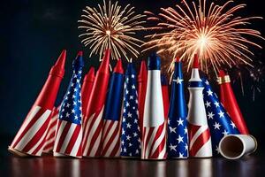 fireworks and american flags in front of a black background. AI-Generated photo
