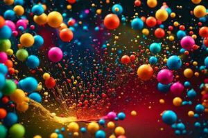 colorful balls are flying out of a black background. AI-Generated photo