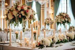 a wedding reception table with candles and flowers. AI-Generated photo