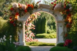 an archway with flowers and greenery. AI-Generated photo