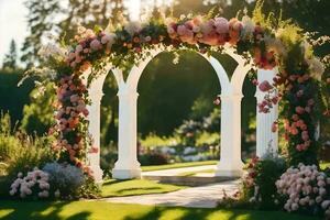 an archway with flowers and greenery. AI-Generated photo