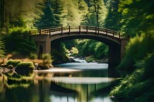 un puente terminado un río en el bosque. generado por ai foto
