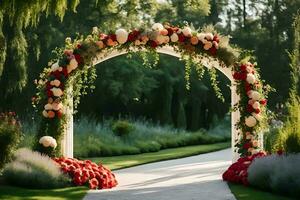 a wedding arch decorated with flowers and greenery. AI-Generated photo