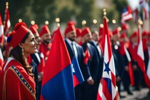 a woman in a red and blue dress and a red hat stands in front of a group of. AI-Generated photo