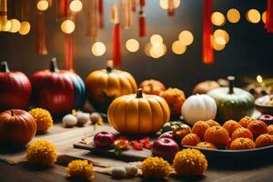 calabazas, calabazas, y otro otoño decoraciones son desplegado en un mesa. generado por ai foto