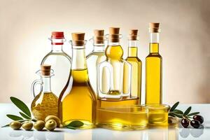 olive oil and olive oil bottles with olives. AI-Generated photo