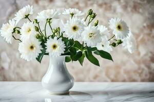 blanco flores en un florero en un mesa. generado por ai foto