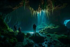 three people stand in front of a cave with green water. AI-Generated photo