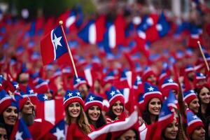 a group of people wearing red and blue hats and holding flags. AI-Generated photo