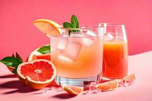 grapefruit cocktail with orange juice and mint leaves on a pink background. AI-Generated photo