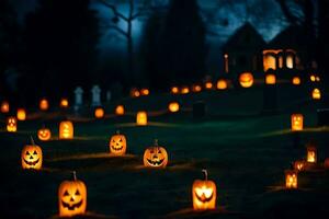 Víspera de Todos los Santos calabazas en el cementerio. generado por ai foto