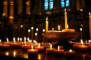 candles are lit in a church with candles in the background. AI-Generated photo