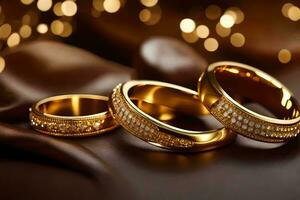 gold wedding rings on a brown background. AI-Generated photo