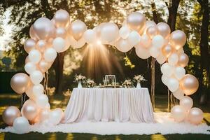 a wedding arch with balloons and white tablecloth. AI-Generated photo