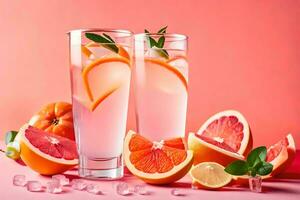 two glasses of water with grapefruit slices and ice cubes. AI-Generated photo