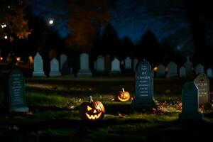 Víspera de Todos los Santos calabazas en un cementerio a noche. generado por ai foto