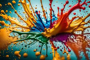 colorful paint splashes on a blue background. AI-Generated photo