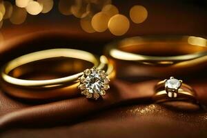 gold wedding rings and diamond engagement ring. AI-Generated photo