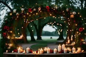 candles and flowers are set up in a garden. AI-Generated photo