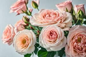 rosado rosas en un florero en un mesa. generado por ai foto