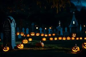 Víspera de Todos los Santos calabazas en un cementerio a noche. generado por ai foto