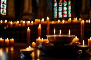 velas son iluminado en un Iglesia con velas en el antecedentes. generado por ai foto