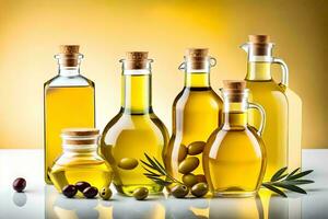 olive oil in bottles and olives on a yellow background. AI-Generated photo