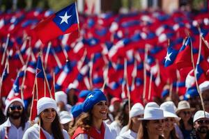 personas en blanco sombreros y rojo y azul banderas generado por ai foto