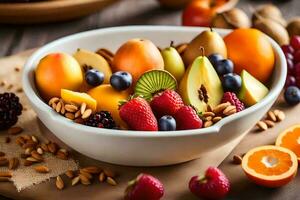 a bowl of fruit with nuts and berries. AI-Generated photo