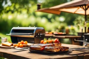 a grill with food on it on a table outside. AI-Generated photo