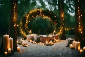 a wedding ceremony in the woods with candles and lights. AI-Generated photo