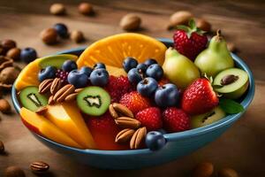 a bowl of fruit with nuts and berries. AI-Generated photo