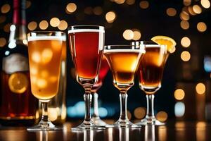 a group of glasses with different alcoholic drinks. AI-Generated photo