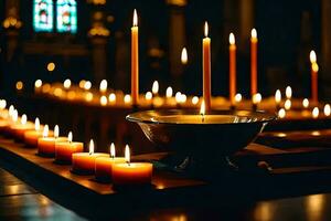 velas son iluminado en un Iglesia con velas generado por ai foto