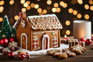 a ginger house with christmas decorations and cookies. AI-Generated photo