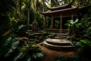 a small pagoda in the middle of a jungle. AI-Generated photo