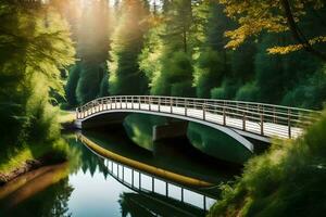 a bridge spanning over a river in the forest. AI-Generated photo