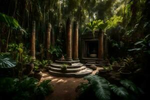 a garden with pillars and plants in the middle. AI-Generated photo