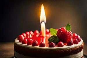 a birthday cake with a single candle. AI-Generated photo