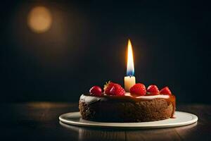 a chocolate cake with strawberries and a single candle. AI-Generated photo