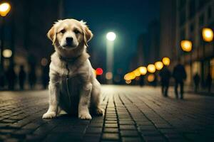 a dog sitting on the street at night. AI-Generated photo