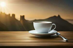 a cup of coffee on a wooden table with a view of the mountains. AI-Generated photo