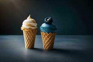 two ice cream cones with blue and white toppings. AI-Generated photo