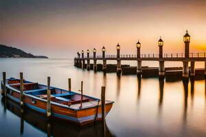 a boat sits on the water at sunset. AI-Generated photo