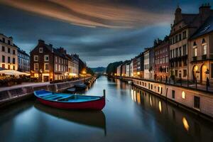 a boat is docked in a canal at night. AI-Generated photo