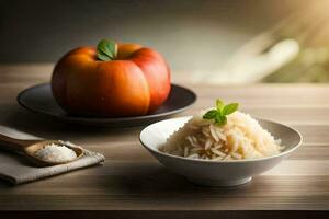 a bowl of rice and a tomato on a wooden table. AI-Generated photo